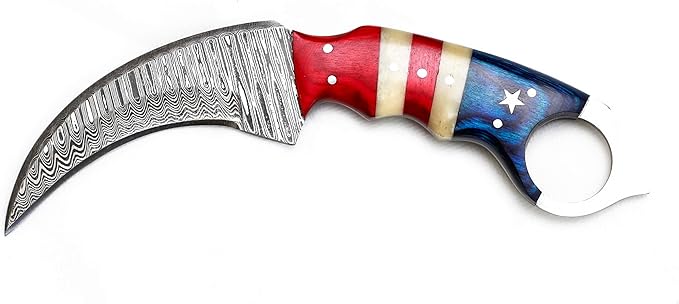 Custom Handmade Damascus Steel Hunting Knife with Sheath | 7.5'??EDC Fixed Blade Hunting Skinning Knives For Men and Women Demasticus Camping Survival Belt Knifes For Horizontal Carry with American Flag Handle