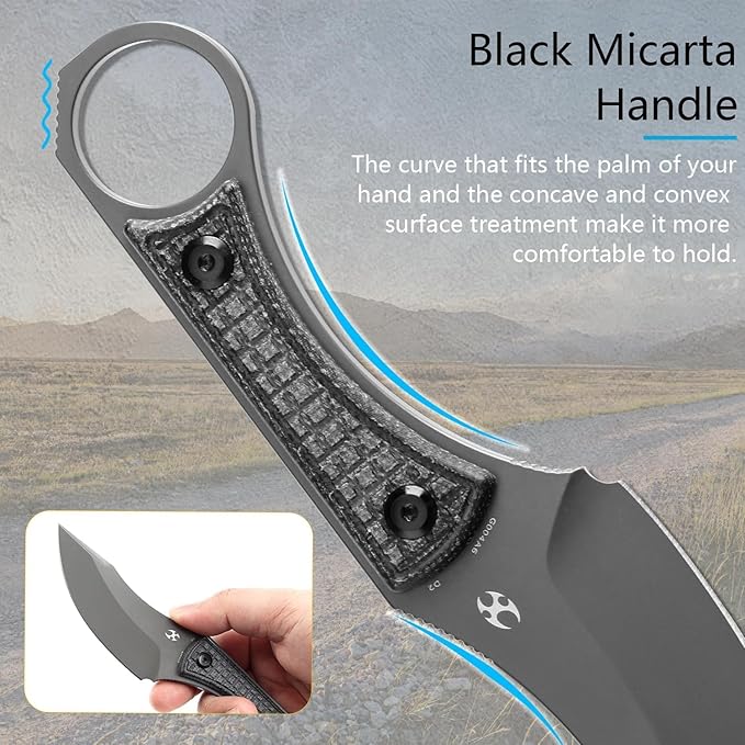KANSEPT Niko Fixed blade Knife with Sheath, 3.54'' Grey TiCn Coated D2 Blade and Black Micarta with Frag Pattern Handle, Adjustable Kydex Sheath for EDC, Fixed Knifes for Camping Hiking Fishing G004A6