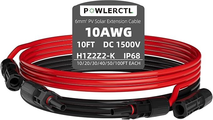 10 AWG 10Ft Solar Panel Extension Cable,6mm² PV Cable with Male and Female Waterproof Sealed Connectors,for RV, Home Boat Photovoltaic Systems