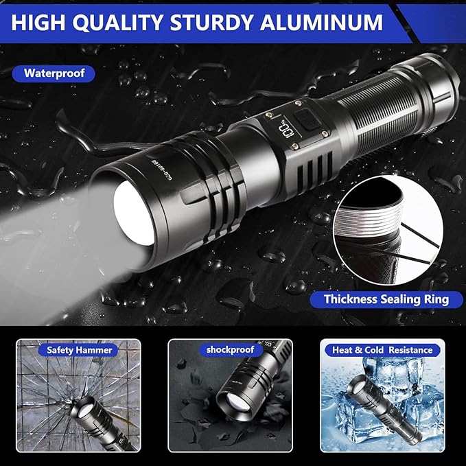 Rechargeable LED Flashlights 10000.00 High Lumens,๐๐๐๐ ๐๐๐ฐ High Powered Waterproof Tactical Flashlight Spotlight Flashlight for Home, Bright Flashlight Black for Outdoor Camping Emergency