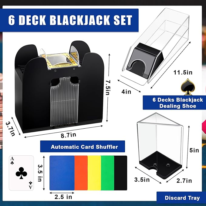 Aoriher Blackjack Casino Game Set, Include 300 Poker Chips, Casino Felt 1 Automatic Card Shuffler 6 Deck Dealer Shoe Discard Holder Tray Aluminum Case for Texas Holdem Blackjack Poker(Blue)