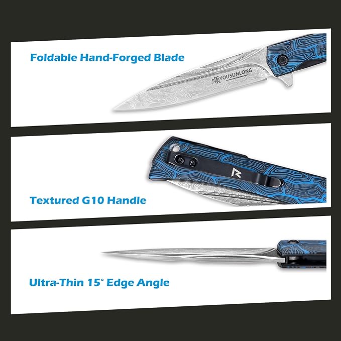 YOUSUNLONG Camping Folding Knife - Hammered Damascus Steel Blade Overall 215mm - Blue Damascus texture G10 Cover