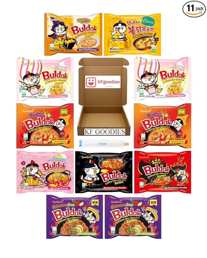 KF GOODIES Korean Ramen Variety Pack Gift Box (11 Count) - Spicy Buldak Noodle Assortment for Birthdays, College Care Packages, Office Snacks and Gift Baskets
