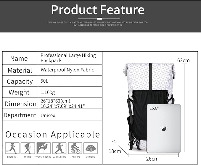 Hiking Backpack,40L to 50L Extra Large Capacity Hiking Bag,Internal Frame Camping Backpack,Upgraded X-PAC Lightweight Sport Daypack Travel Backpack Fit For Mountain Climbing Camping(White)