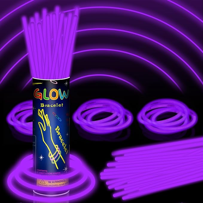 150 Pack 8” Purple Glow Sticks Bulk with 150 Connectors Neon Glow In The Dark Party favors Supplies for Holiday Birthday Party Decoration (Purple)