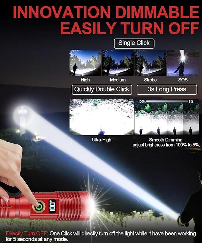 Rechargeable Flashlight High Lumens- Super Bright Magnetic Flash Light with Power Digital Display, Long Range,Dimmable,Waterproof,Pocket Tactical LED Flashlights for Emergency,Red 1PC