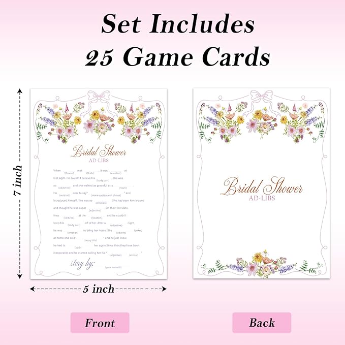 Bridal Shower Ad-Libs Games, Wildflowers Pink Bow Games Card for Wedding Reception, Bridal Shower, Engagement, Bachelorette Party Activity Decorations (25 Pack) -A15