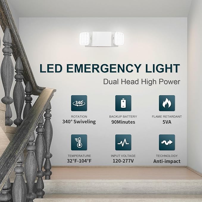 12 Pack LED Emergency Lights with Battery Backup, Two Head Adjustable, UL Listed, 5VA Flame Retardant,AC 120/277V, Hardwired Emergency Lights For Business Home Power Failure Flood Light