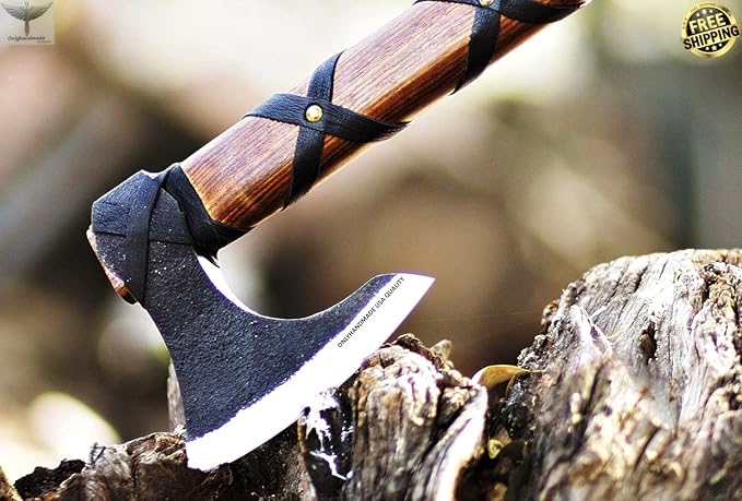 Custom Gift Forged Carbon Steel Viking Axe with Rose Wood Shaft, Viking Bearded Camping Axe & Hatchet, Birthday Gift for Him, Ragnar Axe, axis (Ragnar)