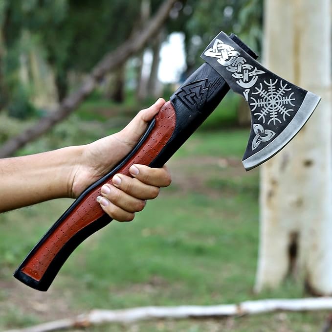 Viking Axe | 18" Carbon Steel Throwing Hatchet with Ash Wood Handle & Leather Sheath | Etched Norse Design, Functional & Collectible Gift(WCA-001)