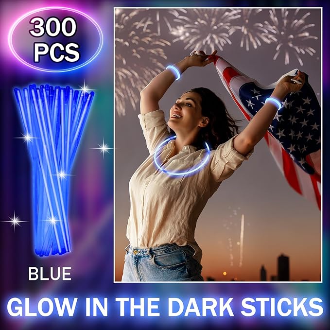 Hanaive 300 Pcs Glow Sticks Bulk 8 Inch Glow in The Dark Party Favors Neon Bracelets and Necklaces Light up Sticks with Connectors for Holiday Birthday Party Supplies(Blue)