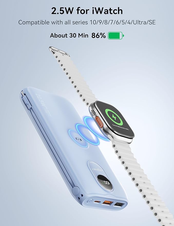 Portable Charger, 10000mAh 22.5W USB C Power Bank Built in Cables, AC Wall Plug and Led Display, External Battery Pack Fast Charging, Travel Essentials for iPhone, Android Cell Phone, Tablet, iWatch