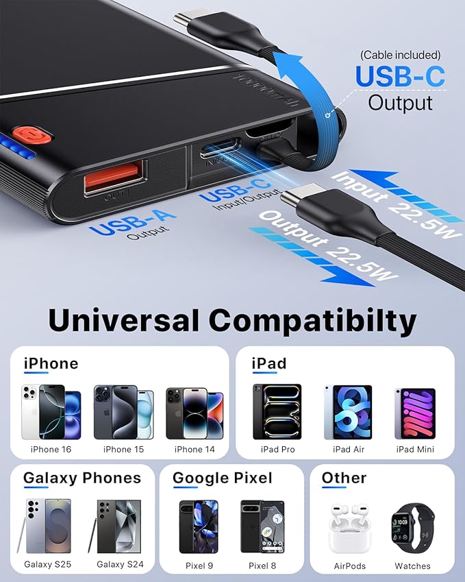 Portable Charger Power Bank, 10000mAh 22.5W PD Super Fast Charging Powerbank with Built-in USB C in&Out Cable, Slim External Phone Battery Pack for iPhone 17/16/15 iPad Samsung S24 Android etc
