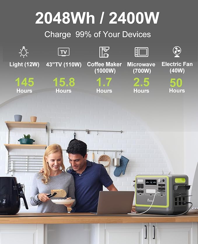 FOSSiBOT F2400 Portable Power Station,upgraded (4800W Peak) generador eléctrico portátil 2048Wh LiFePO4 Battery Solar Generator with 1100W AC,APP Control,1.5H Fast Charging for Home,Camping,RV