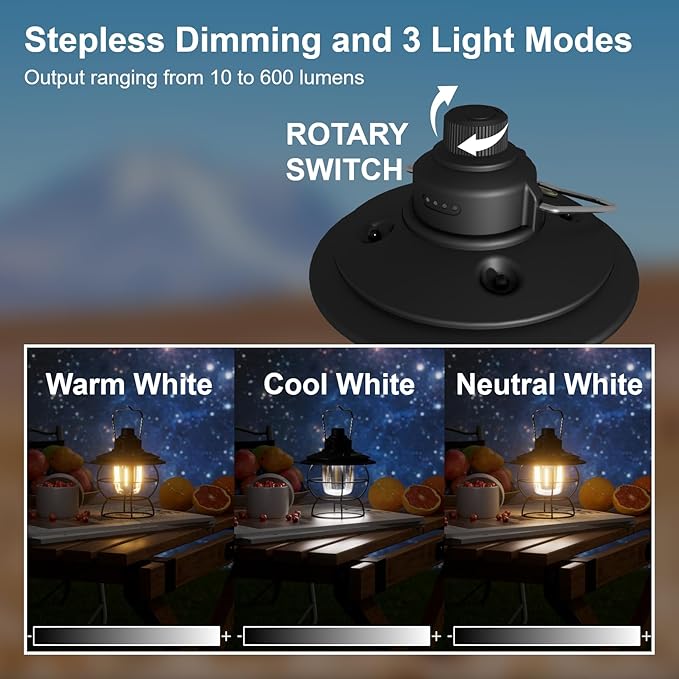 LED Camping Lantern Rechargeable Dimmable, Portable Vintage Outdoor Lantern 2700-6500K Waterproof, Hanging Retro Lamp Indoor Outdoor for Garden, Hiking, Emergency, Black