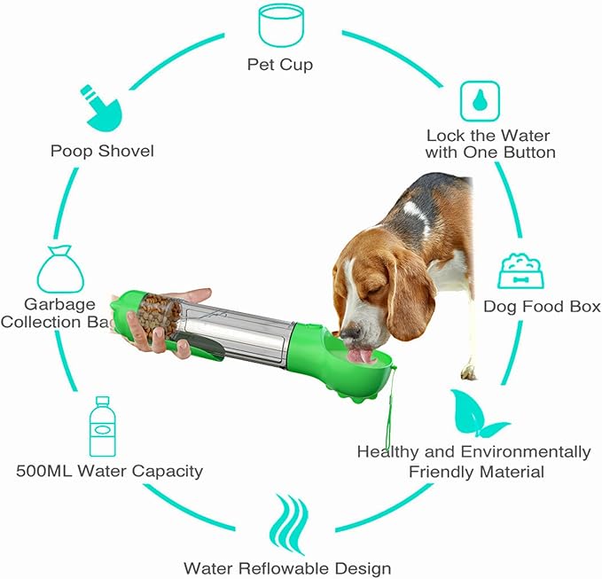 DoqiPaw Dog Travel Water Bottle Leak Proof No Spill Lead Leash Waterer Feeder Accessory Alternative to Dispenser Portable Pet Bowl Large Dogs(500ml) (Green)