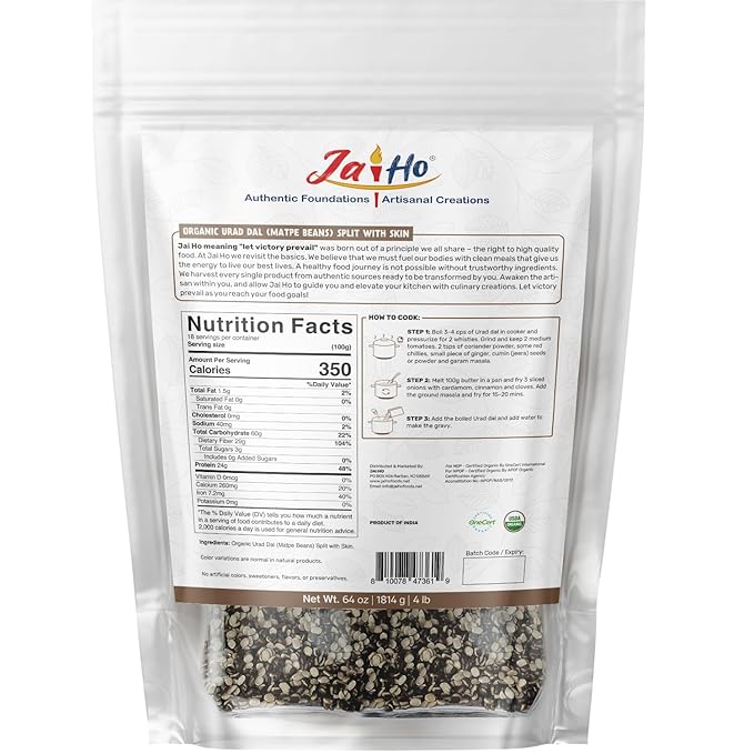 Jai Ho Certified Organic Kabuli Chana Garbanzo Beans 4 lb | Chickpeas Lentils | Indian Kabuli Chole Chana | USDA Organic | Non-GMO | Chemical-Free | Premium Quality Kosher (4 Pound, Urad Dal (With Skin))