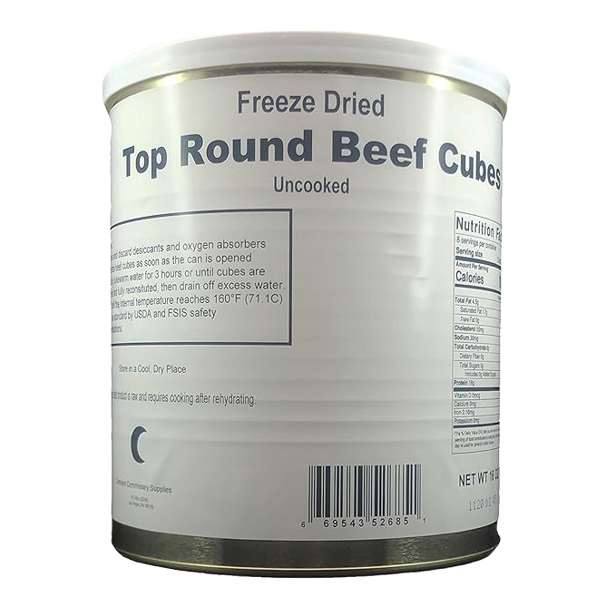 Military Surplus Freeze-Dried Top Round Beef Cubes ??16 oz, Uncooked ??#10 Can ??Long-Term Emergency Survival Food, Hunting, Camping, Backpacking & Prepper Supply ??25+ Year Shelf Life ??Made in USA ??Easy to Prepare