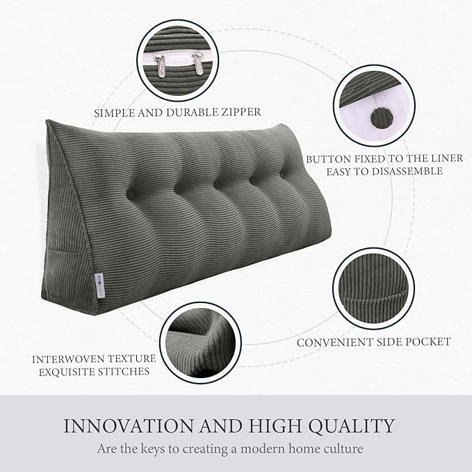 10 lbs Thickened Wedge Pillow Headboard Body Positioner Triangular Reading Pillow Bed Bolster Pillow for Sitting in Bedwith Removable Cover Gift for Mom Backrest Cordury Gray Full