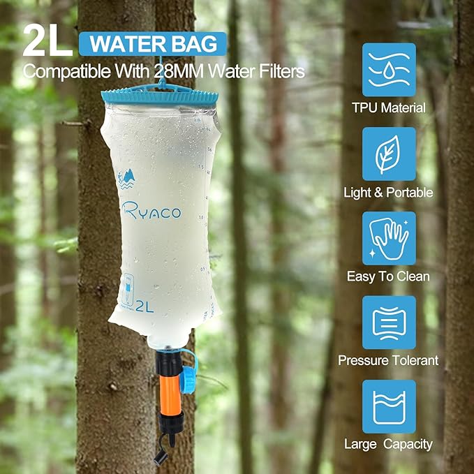 RYACO Water Bag 2L Compatible with Sawyer Squeeze Water Filter, Outdoor Water Container, Water Filter Bag with Durable TPU Material Collapsible Hydration Canteens for Camping Hiking Cycling Fishing