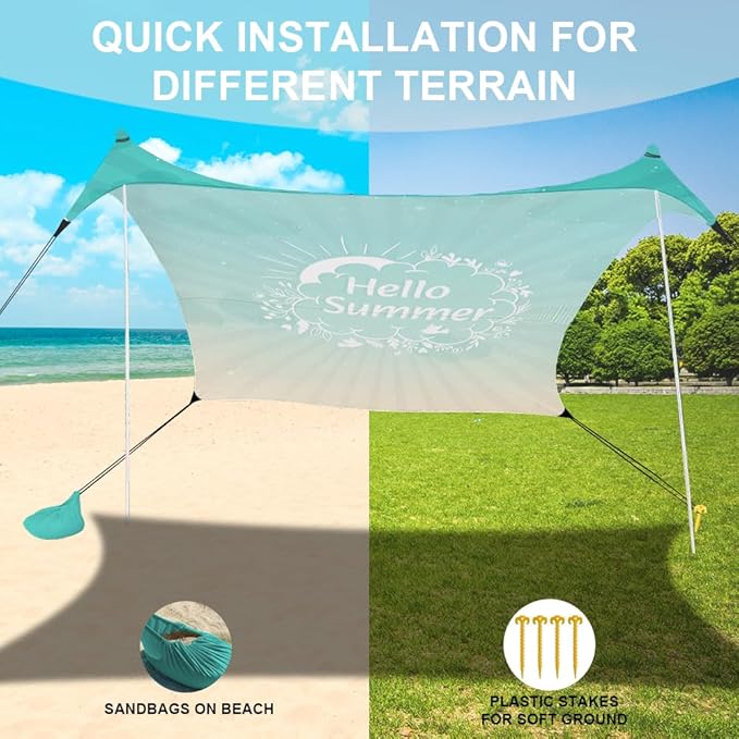 YUKIHOME Beach Tent Sun Shade Canopy Tent, UPF 50+ Camping Beach Sun Shelter 7 x 7ft 2 Pole, Lightweight, Easy Set Up and Carry