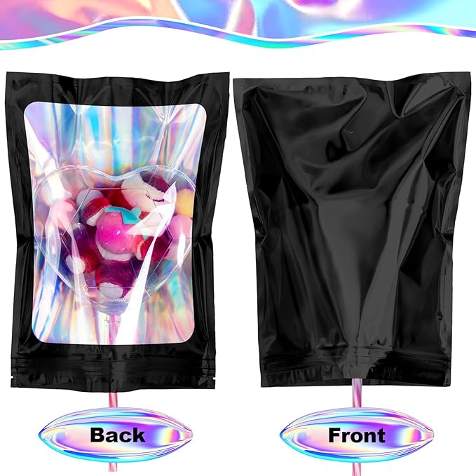 100 Pack Mylar Bags - 6.3 x 9.4 Inch Resealable Smell Proof Bags Foil Pouch Flat Bag with Front Window Black