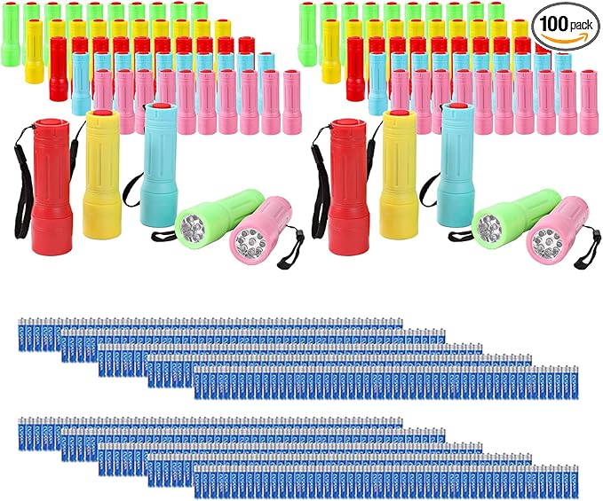 100 Pack Mini Flashlights Bulk, Small Multicolor Flashlights Bulk with Lanyard, 300 AAA Batteries Included for Hurricane Supplies Camping Essentials Emergency Gifts