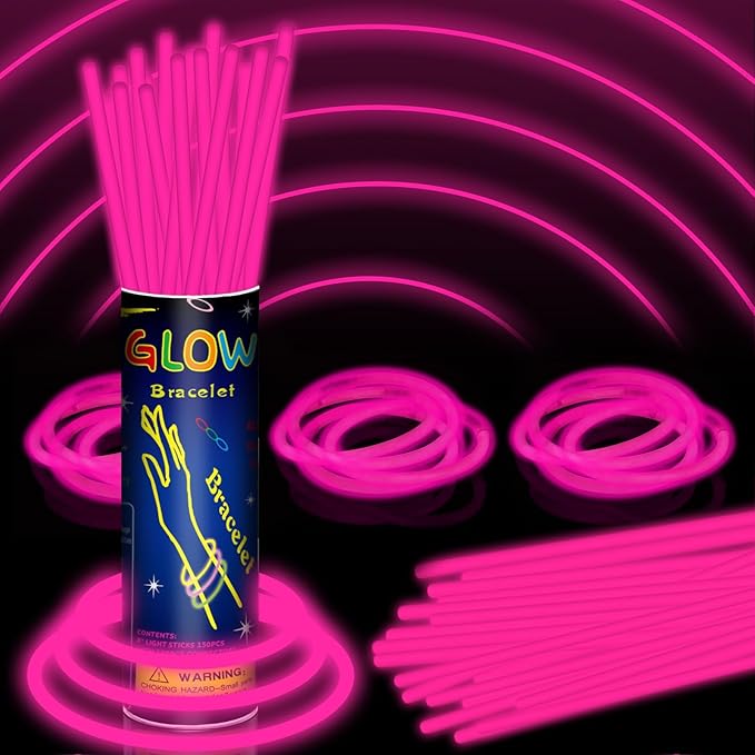 150 Pack 8” Pink Glow Sticks Bulk with 150 Connectors Neon Glow In The Dark Party favors Supplies for Holiday Birthday Party Decoration (Pink)