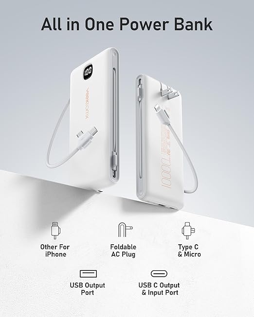 VEEKTOMX Portable Charger with Built in Cables 10000mAh, Power Bank for iPhone with Wall Plug, Travel Essential Fast Charging USB C Slim External Battery Pack for iPhone 17/16/15, Samsung, iPad, etc