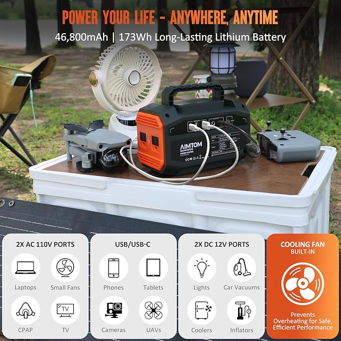 AIMTOM Portable Power Station 173Wh Lithium Battery, 200W AC Outlet (250W Surge), 18W USB-C, 2x USB-A, 2x 12V DC Outputs, LED Flashlight ??Ideal for Camping, Travel, Emergency Backup, RV, Home Use