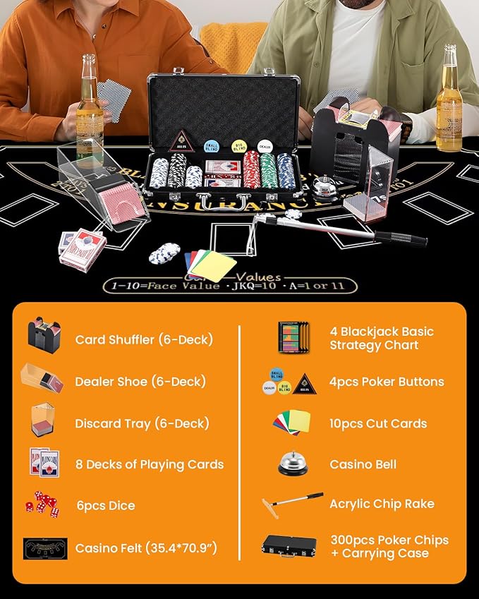 Blackjack Set Casino Set Blackjack Game Combo Set: Card Shuffler, 300pcs Poker Chips, Casino Felt, Card Shoe, Chip Rake, Discard Tray, Playing Cards*8, Bell, Dice, Cut Cards, Casino Buttons