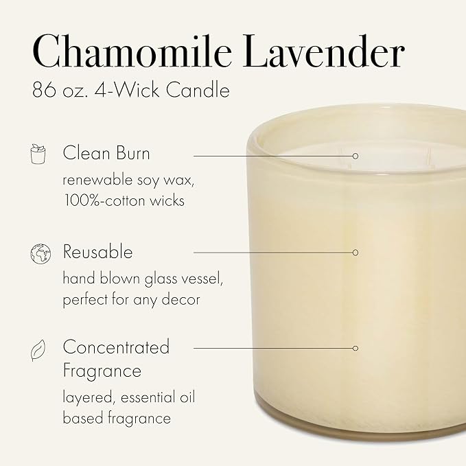 LAFCO New York Luxe 4-Wick Candle, Chamomile Lavender - 86 oz - 200-Hour Burn Time - Reusable, Hand Blown Glass Vessel - Made in The USA