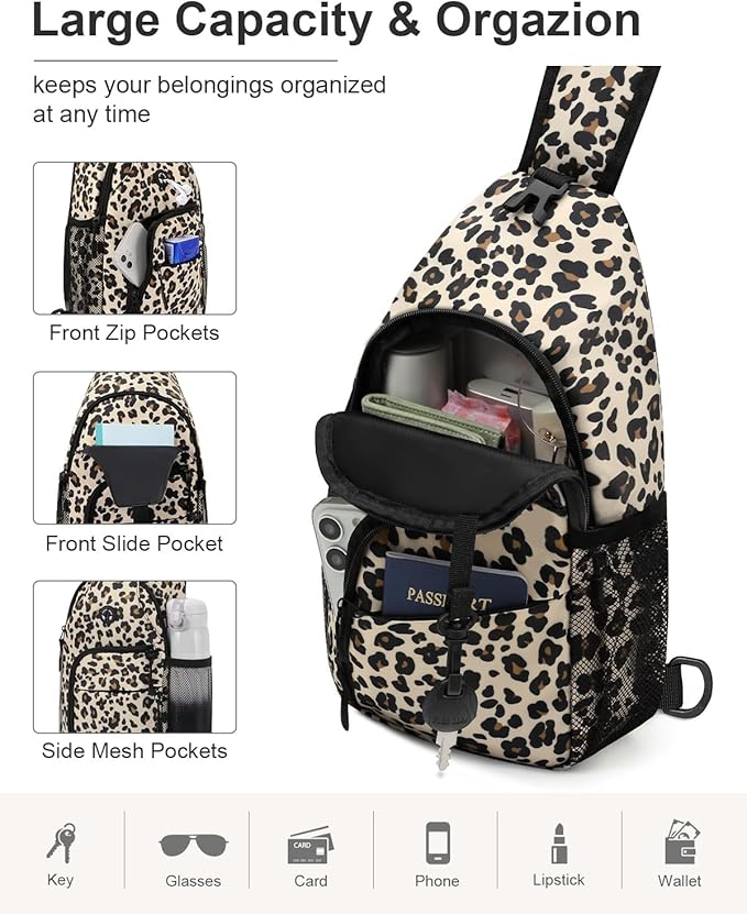 Large Leopard Waterproof Sling Bag Backpack with Adjustable Shoulder Strap for Women Men, Hiking Daypack with Multi-Pocket System and Comfortable Mesh Back Panel