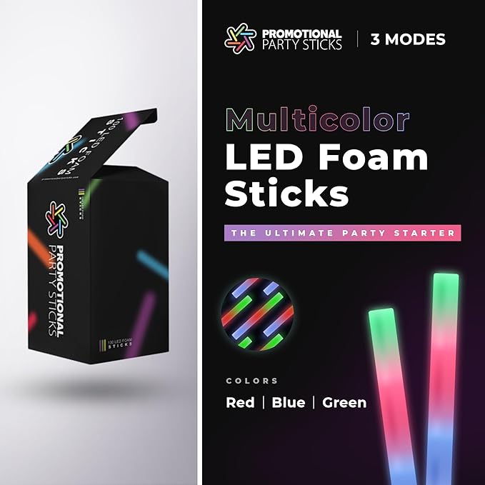 100 Pack - Multicolor LED Foam Sticks Glow Batons - 3 Modes - 18" - Great for Weddings and Parties