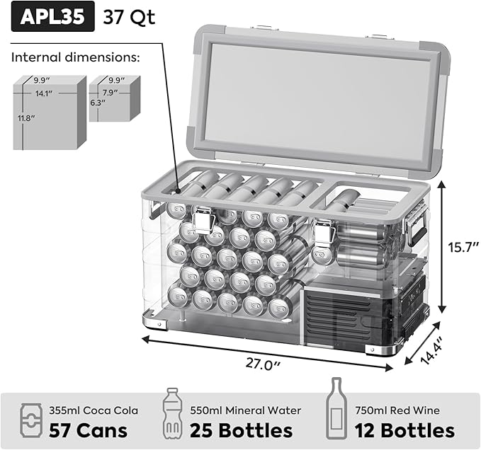 ICECO APL35 Dual Zone 12V Refrigerator, 35 Liters Light Duty Aluminum Portable Fridge, SECOP Nano Compressor, DC 12/24V, AC 110-240V, -4℉~68℉, for Outdoor, RV, Camping, Car Use (APL35+DC Cable)