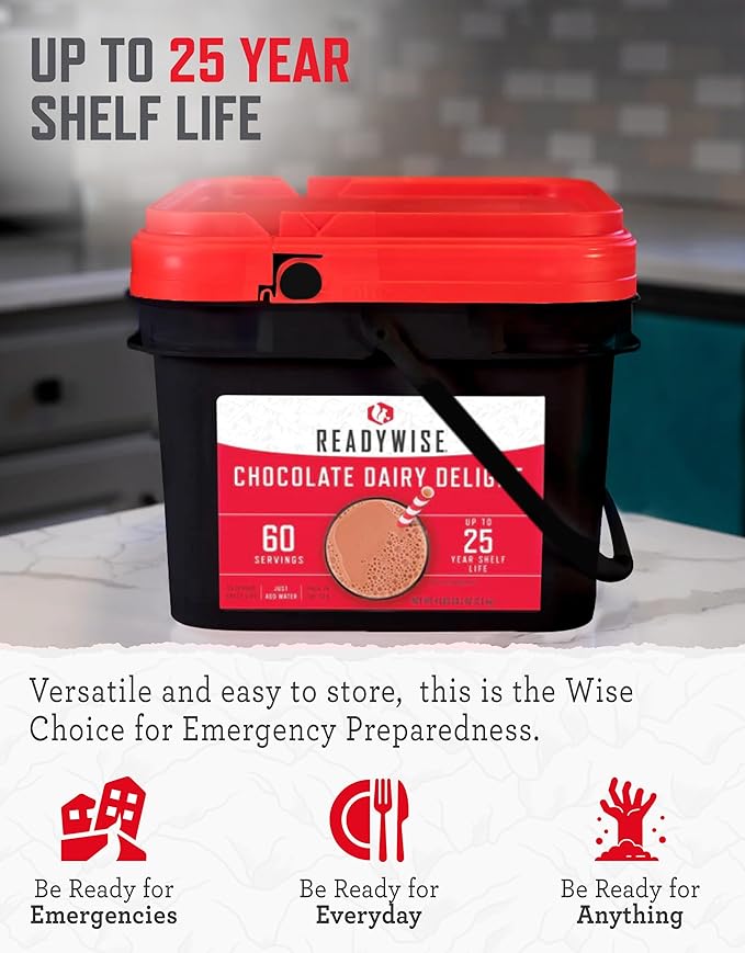 ReadyWise Whey Chocolate Powdered Milk Bucket - 60 Servings, Emergency Food Supply, Protein Camping Meals, Survival Kit & Camping Essentials, Bug Out Bag Supplies, up to 25 Year Shelf Stable Life