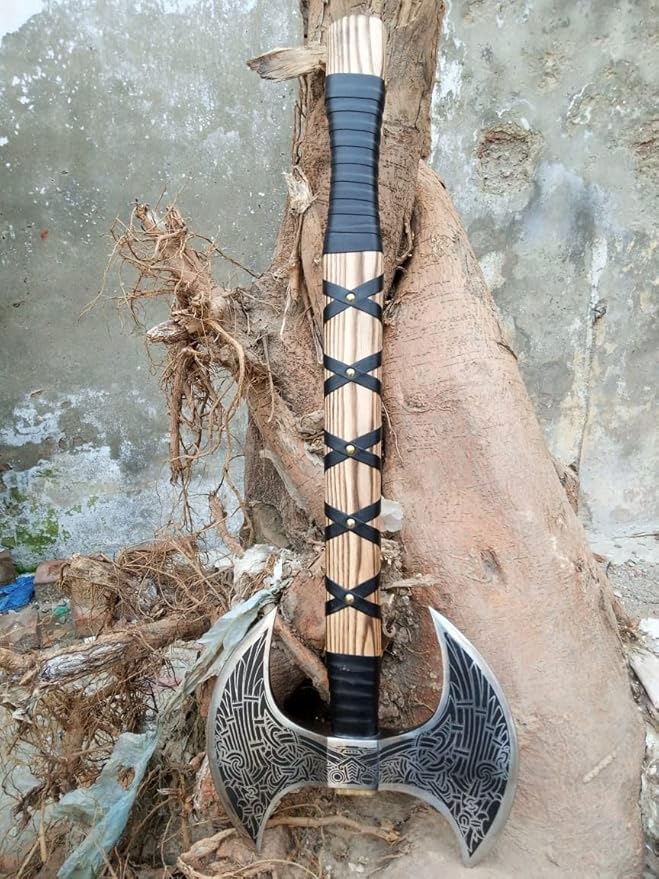 Hand-Forged Double Headed Viking Axe – 27" Odin's Carbon Steel Battle Hatchet with Leather Wrapped Wood Handle – Norse Style Throwing Axe for Camping, Collecting, Survival Gear, or Gifts.