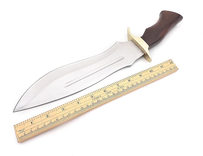 Nooraki Handcrafted D2 Steel Fixed Blade Bowie Knife with Rosewood Handle and Brass Guard, Leather Sheath Included, Ideal for Camping, Hunting, and Everyday Carry - 15.5" Length N368