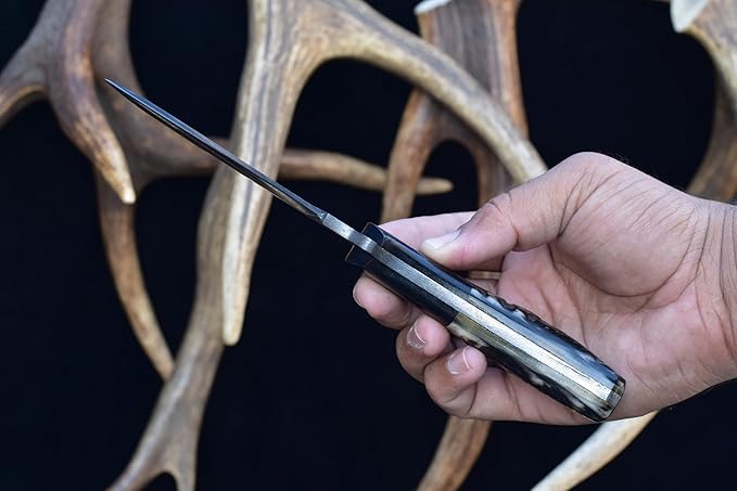 Knives Ranch Handmade Damascus Steel Gut-Hook Skinning Knife ??8.5" Full Tang Fixed Blade Outdoor Knife with Ram?™s Horn Handle & Heavy-Duty Leather Sheath ??Hunting, Bushcraft, Camping, Survival, Cowboy Ranch (2048-RH)