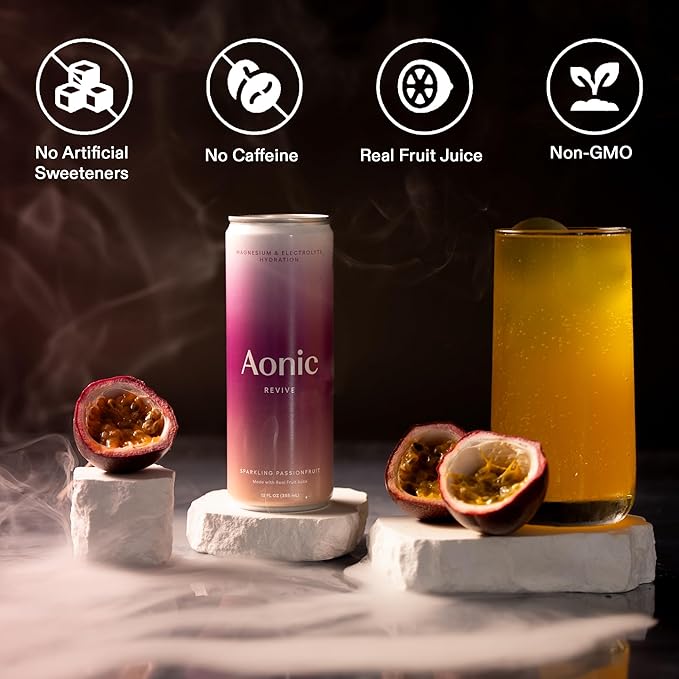 Aonic Revive Sparkling Passionfruit ??Electrolyte Hydration with Magnesium + Potassium, Delicious Taste, Real Fruit Juice, 12oz (12 Pack)