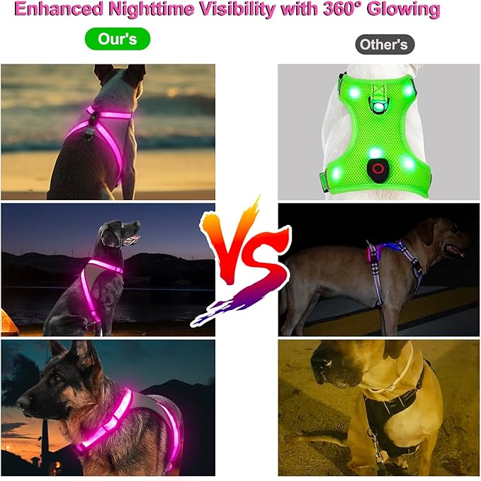 Visinite LED Dog Harness, USB Rechargeable Light Up Dog Vest, 2 Illuminate Modes Glow in The Dark Dog Harness, Adjustable Lighted Pet Harness Light for Night Walking Safety (Pink, XL)