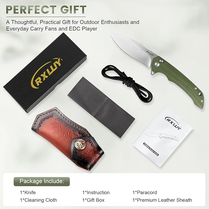 Folding Pocket Knife with Leather Sheath, 3.47" N690Co Premium Steel Blade G10 Handle Knives, EDC Small Folding Knife for Men Women, Outdoor Survival Camping Hiking Knife (Green)