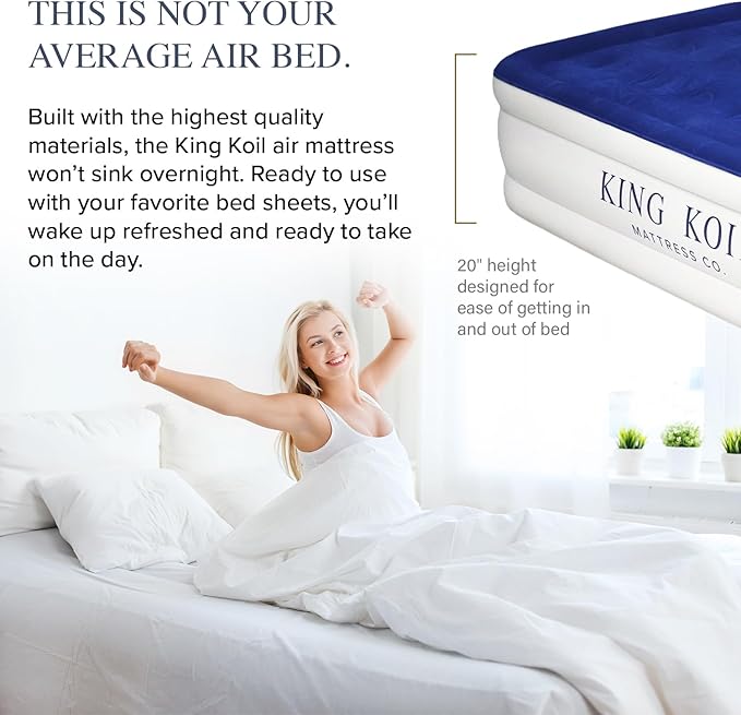 King Koil Luxury Twin Air Mattress with Built-in Pillow Top & Integrated High-Speed Patented Pump ??20" Inflatable Twin Blow Up Airbed for Camping, Home & Guests, Waterproof, 1-Year Warranty