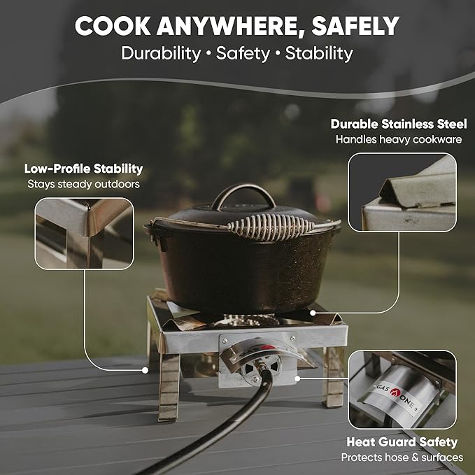 GasOne Stainless Steel Single Propane Burner - Outdoor Cooking with Heat Shield and Guard ??Propane Burner Head for Camping, Tailgating, Seafood Boil, Home Brewing - Patent Pending