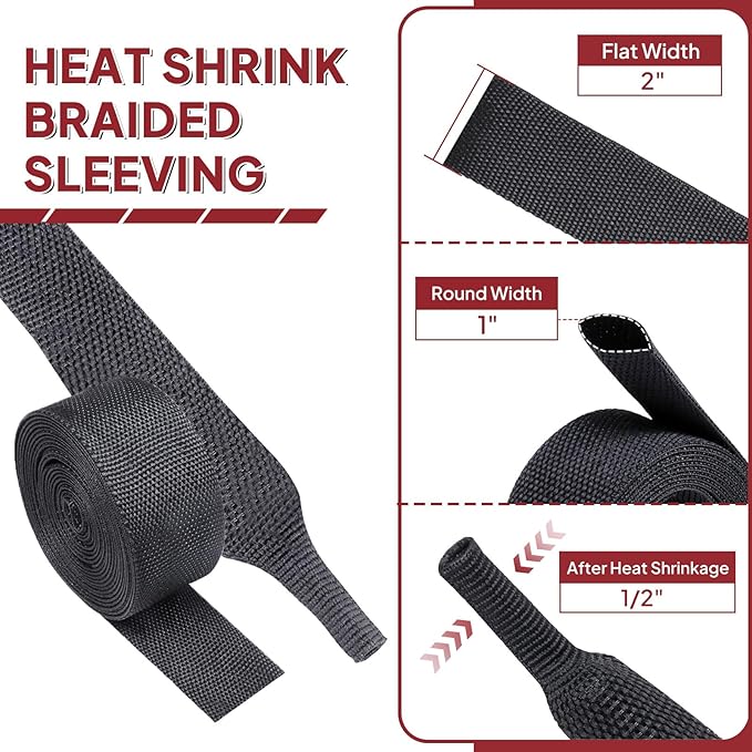 Heat Shrinkable Braided Sleeving 2:1 Ratio- Abrasion Protection Flexibility Wiring Harness Cable Sheath (1" ID, 16ft)