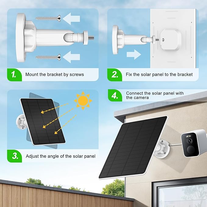 Solar Panel for Security Camera, 5W Solar Panel for Micro USB & USB-C & DC Port Outdoor Rechargeable Battery Camera, Camera Solar Charger with 10Ft Cable, 360° Adjustable Bracket, IP65 Waterproof