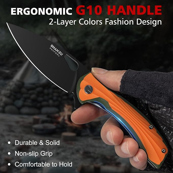 SHAN ZU Pocket Knife 3.2 in, Powder Steel Blade EDC Folding Knife for Men & Women, Utility Survival Knife with G10 Handle & Pocket Clip for Camping Fishing Hiking Hunting-Orange