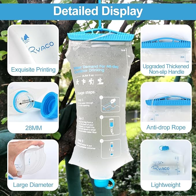 RYACO Water Bag 2L Compatible with Sawyer Squeeze Water Filter, Outdoor Water Container, Water Filter Bag with Durable TPU Material Collapsible Hydration Canteens for Camping Hiking Cycling Fishing