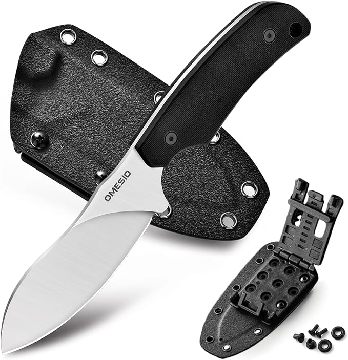 Omesio Nessmuk Hunting Knife Fixed Blade Knife with Sheath, 4.53'' Sharp Full Tang D2 Steel Ergonomic G10 Handle Camping Outdoor Knife with Kydex Sheath