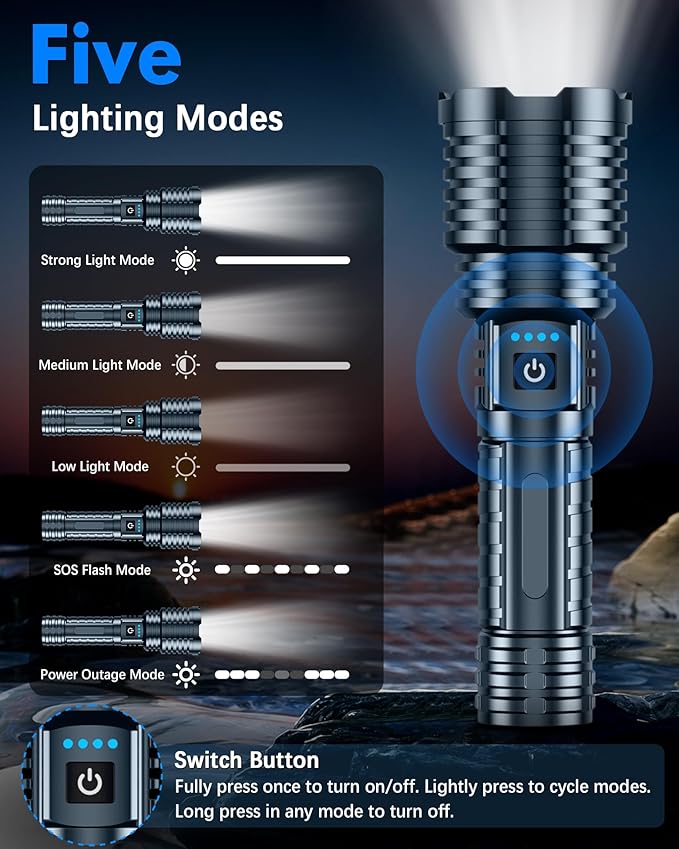 Super Bright Rechargeable LED Flashlights 5000.000High Lumens,Powerful Tactical Flashlight Up to 25H Long Battery Life|Zoomable|5Light Modes|IP67 Waterproof,Flashlights High Lumens for Camping (Grey)